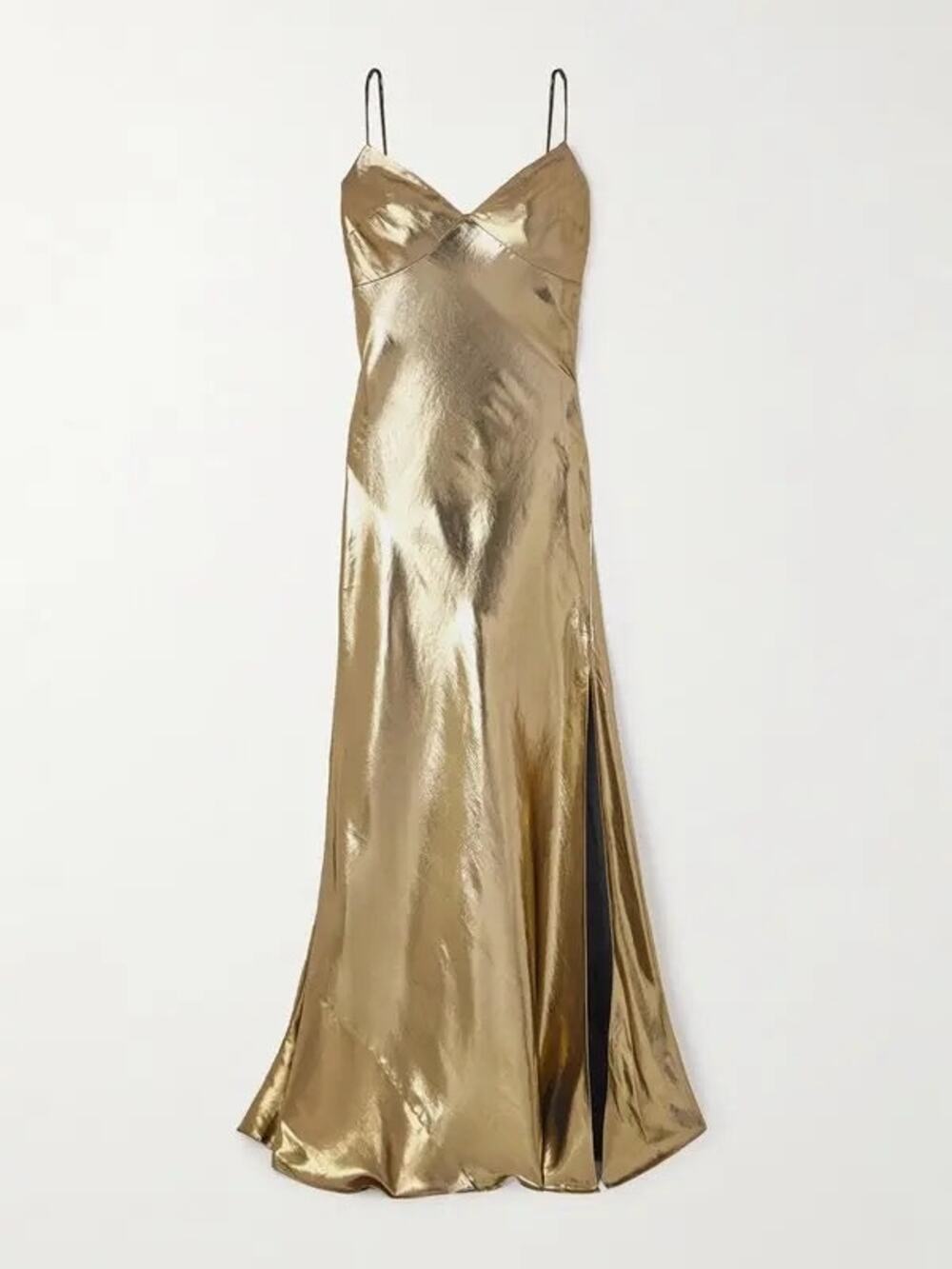 Self-Portrait Gold Metallic Strappy Maxi Dress Side Split Evening Gown Size 6